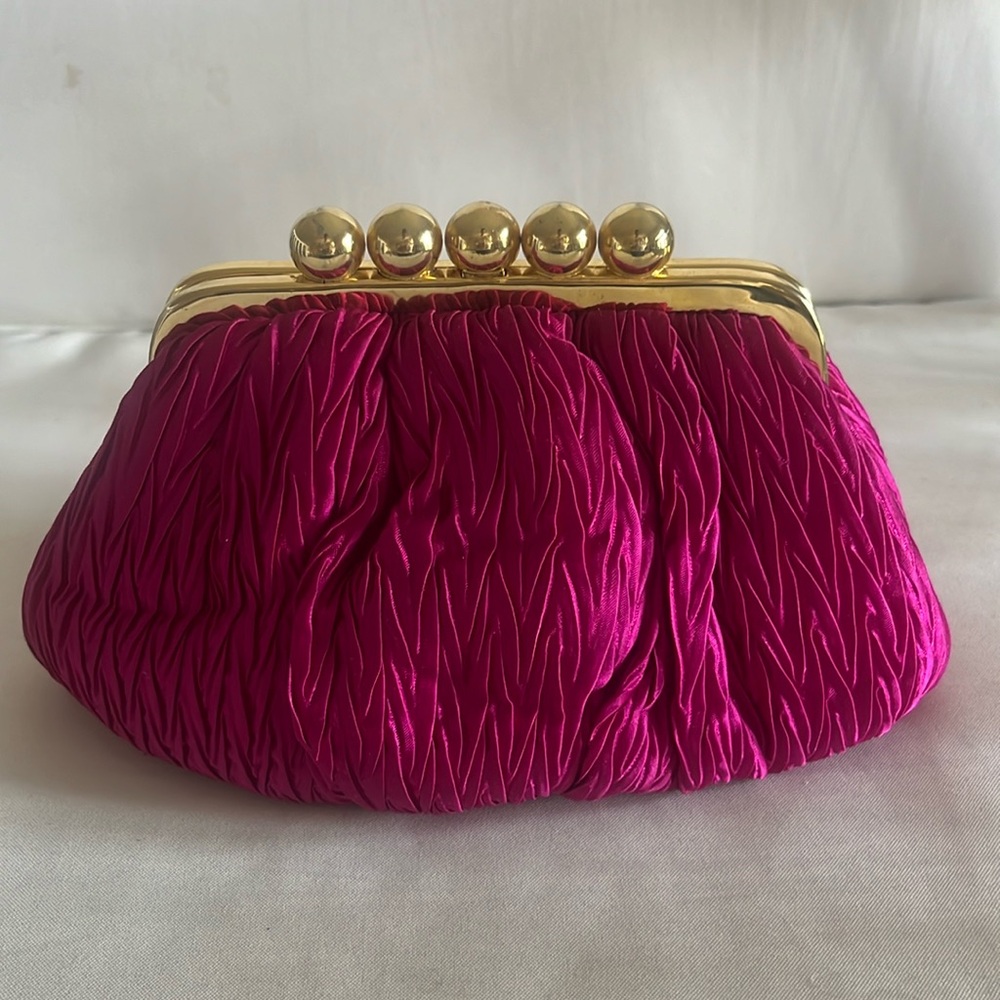 Fuchsia Ruched Satin Clutch with Gold Frame